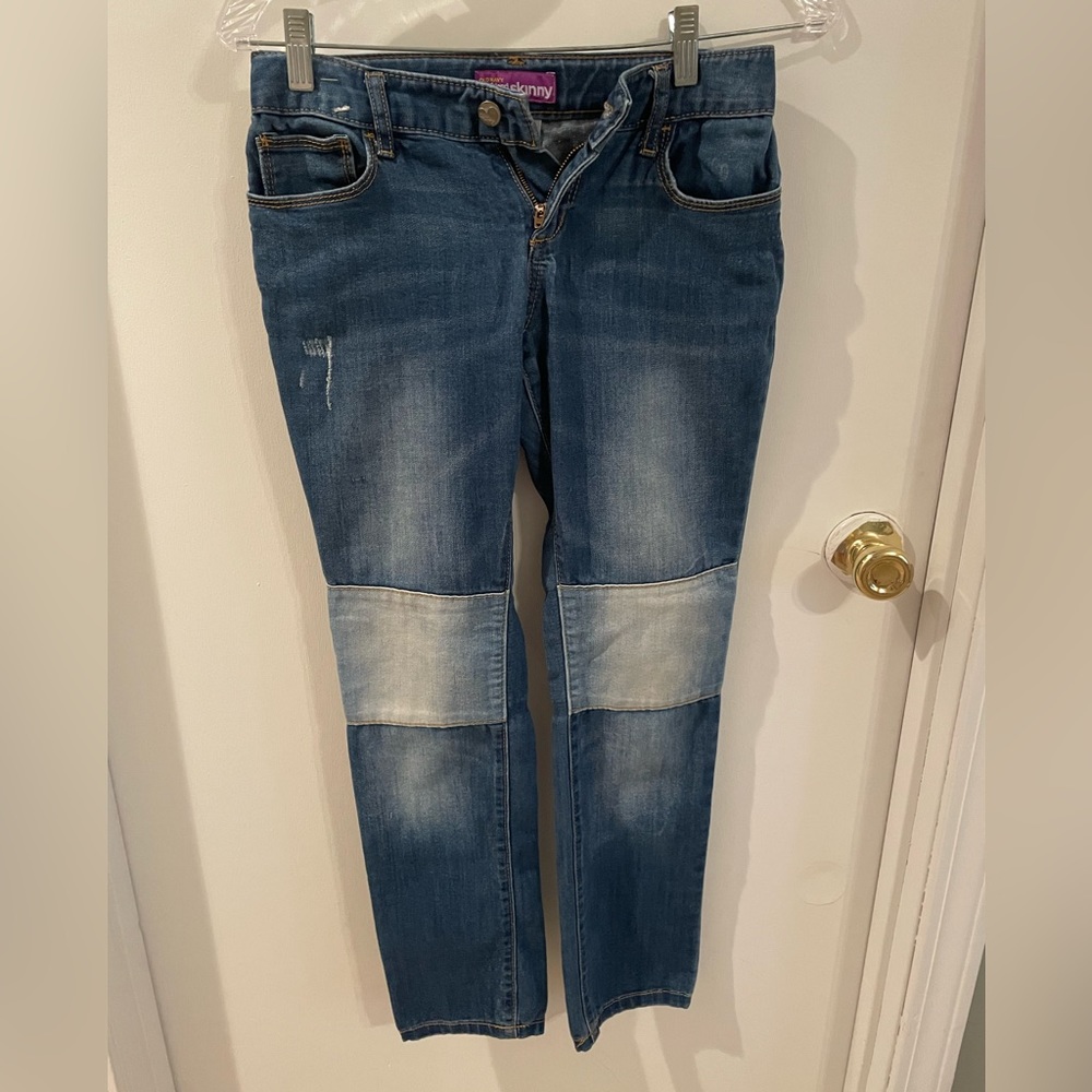 Old Navy women’s jeans 10 blue boyfriend skinny patch knee boho hippy